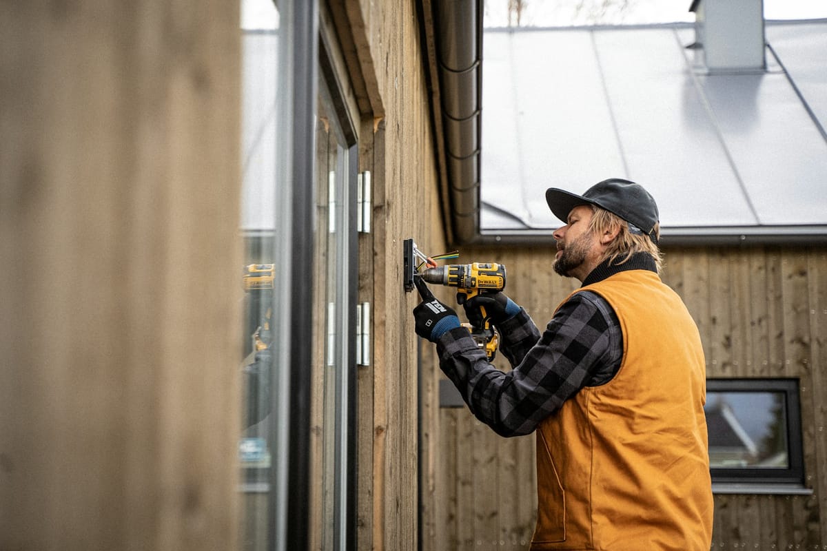 Electrician installing wiring with a power drill on a modern home exterior