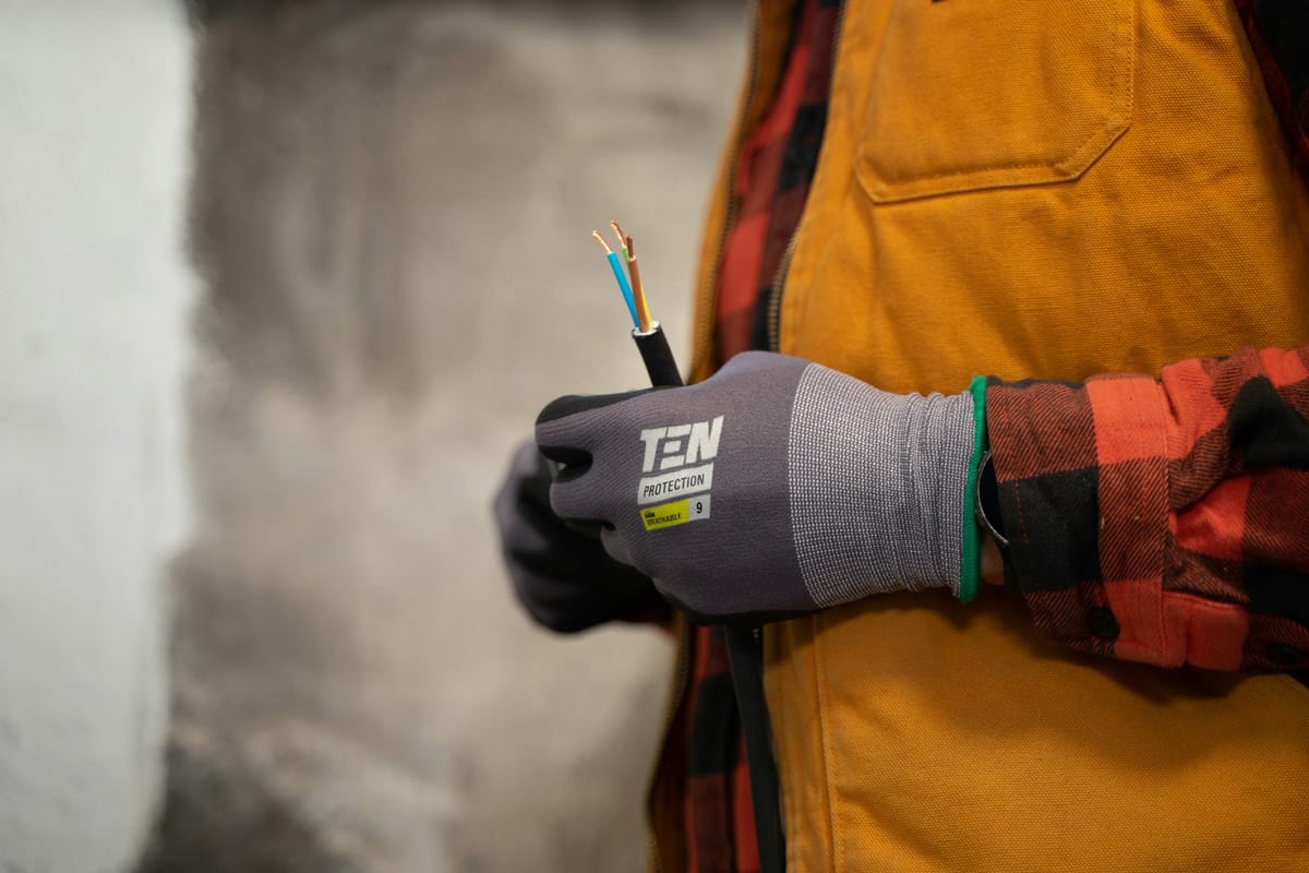 Close-up of an electrician's gloved hand holding a stripped electrical cable